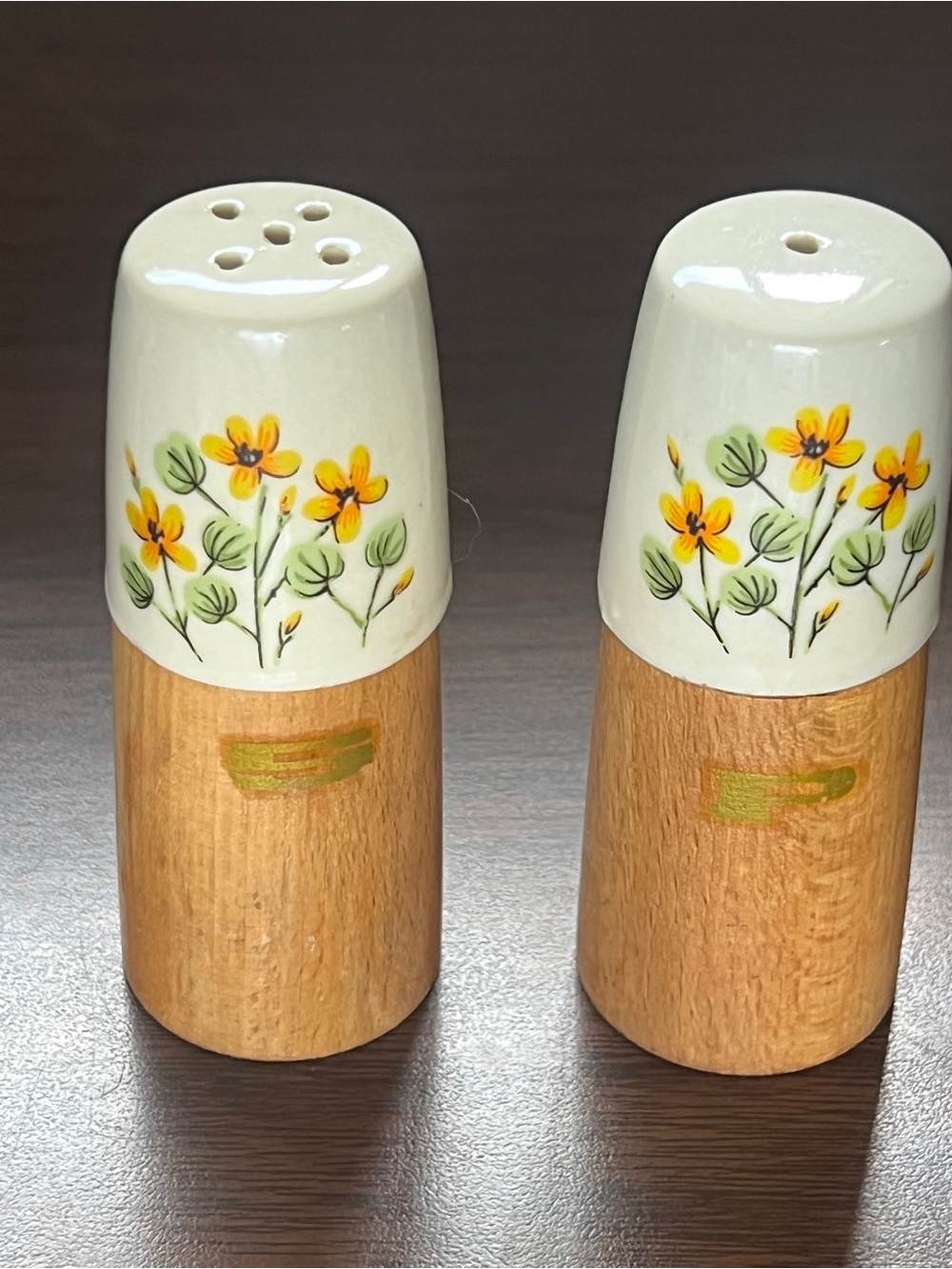 Vintage Ceramic and Wood Salt and Pepper Shakers - Made in Japan